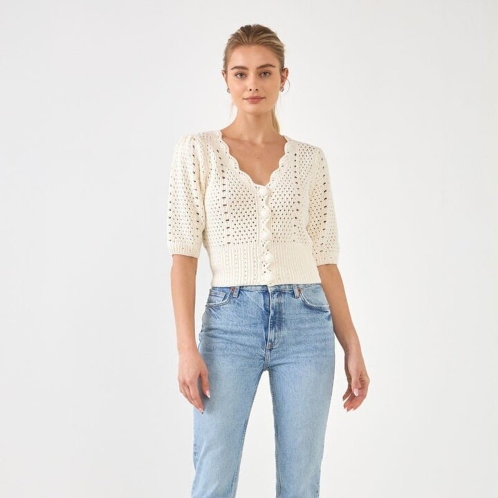 English Factory Cream Crochet Knit Cropped Cardigan Size L NWOT